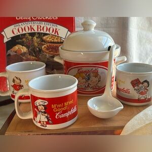 Vintage Campbell’s Soup Terrine w/ 3 Mugs & Ceramic Ladle Set